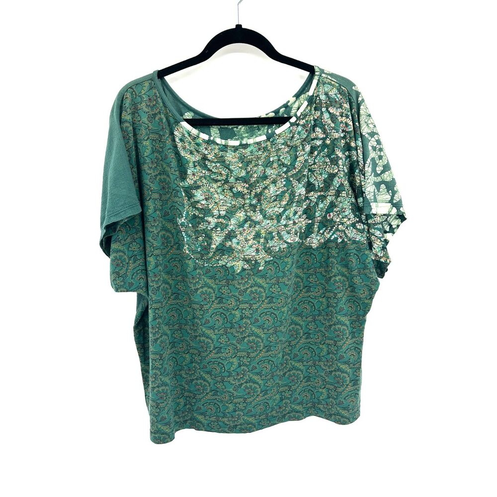 LANGUAGE Green Batik Print Oversized Dolman Top 100% Cotton Boho Size Medium